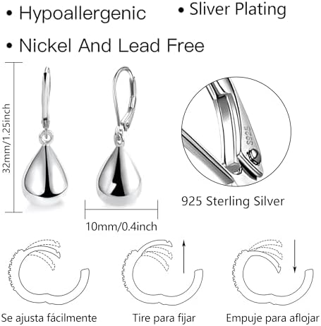 925 Sterling Silver Teardrop Leverback Earrings For Women Girls Waterdrop Tear Drop Dangle Earrings Jewelry Hypoallergenic Silver Teardrop Leverback Dangle Earring For Women