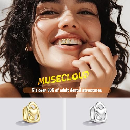 9Pcs 18K Gold Plated Grillz Teeth Caps For Women Men Fake Tooth Cap Grill Dental Jewelry Kit For Teeth Mouth Hip Hop Vampire Halloween Party Single Grillz With Molding Bars Star Fang Heart