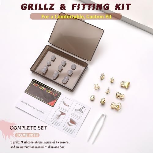 9Pcs 18K Gold Plated Grillz Teeth Caps For Women Men Fake Tooth Cap Grill Dental Jewelry Kit For Teeth Mouth Hip Hop Vampire Halloween Party Single Grillz With Molding Bars Star Fang Heart