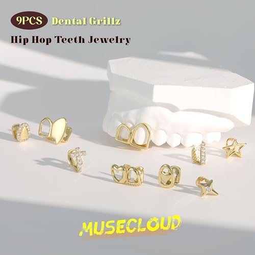 9Pcs 18K Gold Plated Grillz Teeth Caps For Women Men Fake Tooth Cap Grill Dental Jewelry Kit For Teeth Mouth Hip Hop Vampire Halloween Party Single Grillz With Molding Bars Star Fang Heart