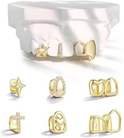 9Pcs 18K Gold Plated Grillz Teeth Caps for Women Men Fake Tooth Cap Grill Dental Jewelry Kit for Teeth Mouth Hip Hop Vampire Halloween Party Single Grillz with Molding Bars Star Fang Heart