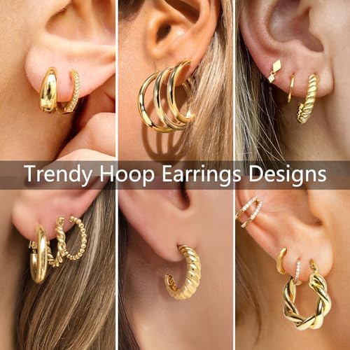 Adoyi 9 Pairs Gold Hoop Earrings Set For Womens Twisted Huggie Hoops Earrings 14K 18K Gold Plated For Girls Valentines Mother's Day Birthday Gifts Lightweight
