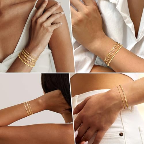 Adoyi Gold Bracelets For Women 14K Gold Plated Stackable Bracelet Stack Set Adjustable Charm Paperclip Chain Cuban Link Layered Waterproof Jewelry Sets Gifts For Womens 6.0/6.8/7.2"