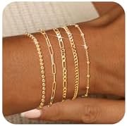 adoyi Gold Bracelets for Women 14K Gold Plated Stackable Bracelet Stack Set Adjustable Charm Paperclip Chain Cuban Link Layered Waterproof Jewelry Sets Gifts for Womens 6.0/6.8/7.2"