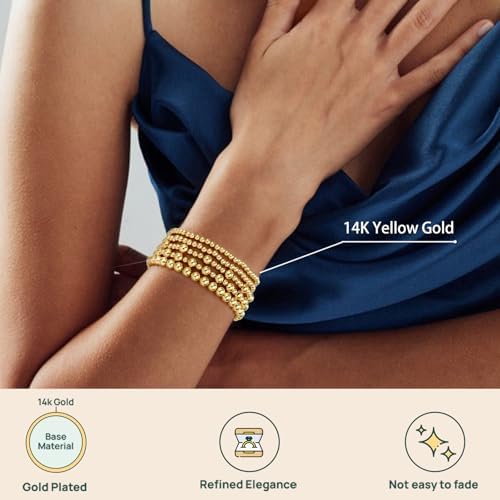 Adoyi Gold Bracelets For Women Waterproof 14K Gold Plated Beaded Strand Bead Ball Bracelets Stack Adjustable Jewelry Set For Gifts