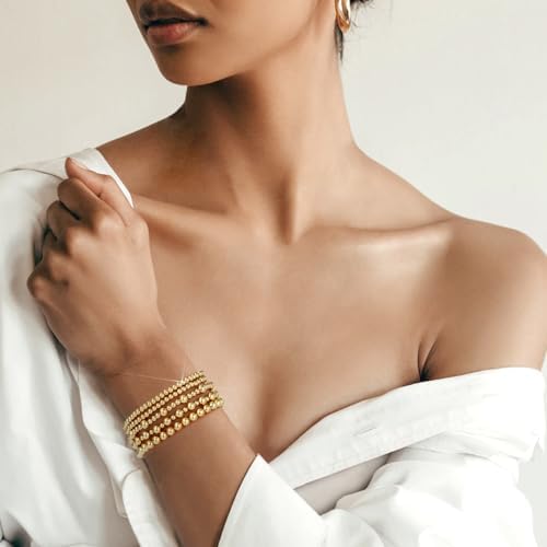 Adoyi Gold Bracelets For Women Waterproof 14K Gold Plated Beaded Strand Bead Ball Bracelets Stack Adjustable Jewelry Set For Gifts