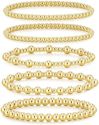 adoyi Gold Bracelets for Women Waterproof 14K Gold Plated Beaded Strand Bead Ball Bracelets stack Adjustable Jewelry Set for Gifts