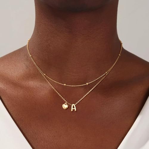 Adoyi Gold Necklace For Women Layered Bubble Heart Letter Initial Necklaces For Women Trendy Jewelry 14K Gold Plated Chain Chunky Name Necklace Stack Charm A-Z Pendant Set Jewelry Gifts