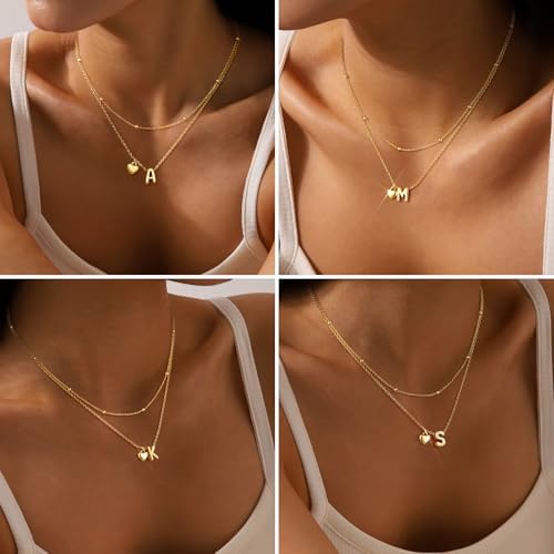 Adoyi Gold Necklace For Women Layered Bubble Heart Letter Initial Necklaces For Women Trendy Jewelry 14K Gold Plated Chain Chunky Name Necklace Stack Charm A-Z Pendant Set Jewelry Gifts
