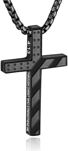 American Flag Bible Verse Cross Necklace for Boys Men 316L Stainless Steel Chain Pendant Religious Christian First Communion Confirmation Jewelry Graduation Christmas Gifts