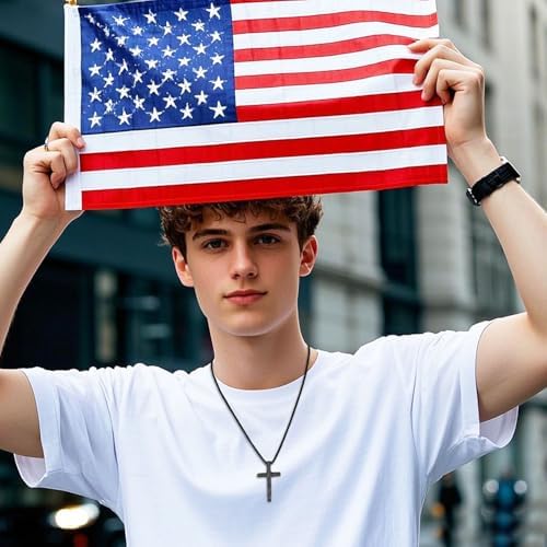 American Flag Bible Verse Cross Necklace For Boys Men 316L Stainless Steel Chain Pendant Religious Christian First Communion Confirmation Jewelry Graduation Christmas Gifts
