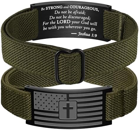 American Flag Cross Bible Verse Bracelets for Men Military Green Elastic Stretch Strap Adjustable Jewelry Christian Religious Gifts for Teen Boys