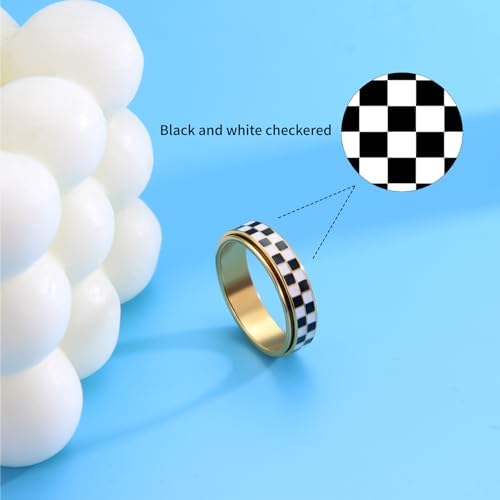 AmorArtSky Checkered Fidget Ring For Adults - 18K Gold Plated Stainless Steel Rotating Spinner Jewelry Anxiety & Stress Relief Gift For Women/Men (Black And White Pattern)