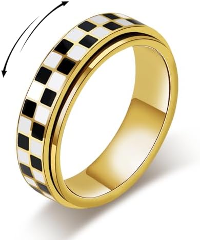 AmorArtSky Checkered Fidget Ring for Adults - 18K Gold Plated Stainless Steel Rotating Spinner Jewelry Anxiety & Stress Relief Gift for Women/Men (Black and White Pattern)