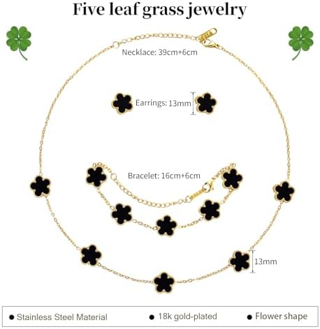 AmorArtSky Lucky Clover Jewelry Set - 18K Gold Plated Flower Design Five Leaf Bracelet Necklace Pendant Earrings For Women - Lucky Gifts For Mom Wife Daughter Friends