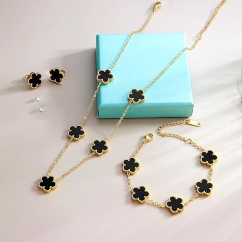 AmorArtSky Lucky Clover Jewelry Set - 18K Gold Plated Flower Design Five Leaf Bracelet Necklace Pendant Earrings For Women - Lucky Gifts For Mom Wife Daughter Friends