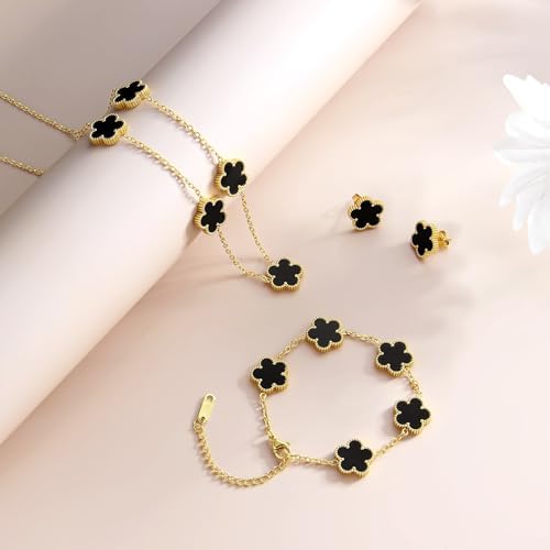 AmorArtSky Lucky Clover Jewelry Set - 18K Gold Plated Flower Design Five Leaf Bracelet Necklace Pendant Earrings For Women - Lucky Gifts For Mom Wife Daughter Friends