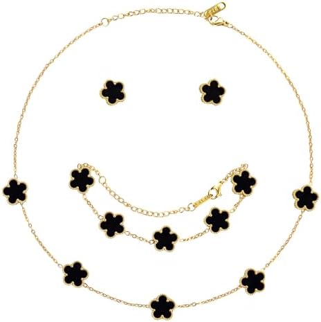 AmorArtSky Lucky Clover Jewelry Set - 18K Gold Plated Flower Design Five Leaf Bracelet Necklace Pendant Earrings for Women - Lucky Gifts for Mom Wife Daughter Friends