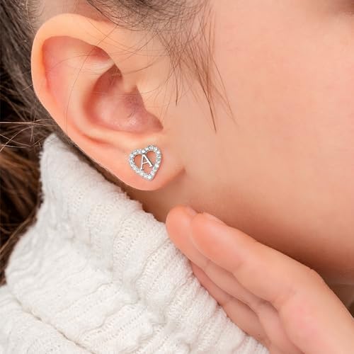 Anoup Heart Initial Earrings For Girls Gifts - S925 Sterling Silver Post CZ Hypoallergenic Stud Initial Earrings For Women Teen Girls Christmas Birthday Gifts For Kids Jewelry