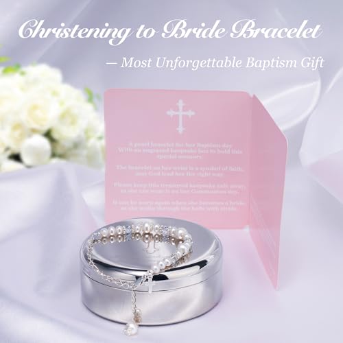 Baptism Bracelet In Sterling Silver And Cultured Pearls For Baby Girls With Silver-plated Jewelry Keepsake Box Great Catholic Christening And Baptism Gifts For Girl