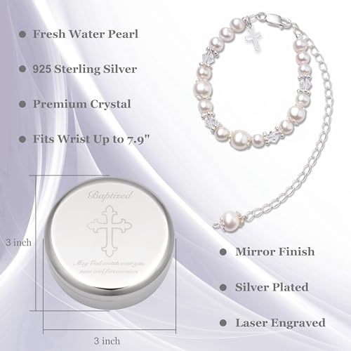 Baptism Bracelet In Sterling Silver And Cultured Pearls For Baby Girls With Silver-plated Jewelry Keepsake Box Great Catholic Christening And Baptism Gifts For Girl
