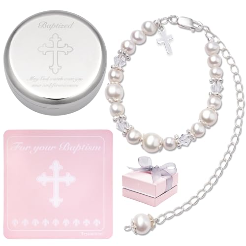 Baptism Bracelet in Sterling Silver and Cultured Pearls for Baby Girls with Silver-plated Jewelry Keepsake Box Great Catholic Christening and Baptism Gifts for Girl