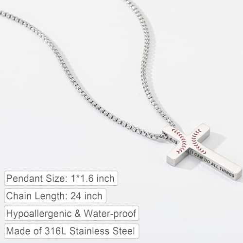 Baseball Bible Verse Cross Necklace For Boys Men Stainless Steel Cross Pendant Chain Graduation Christian Religious Sports Jewelry Gifts For Son Kids Teenage Teen