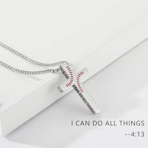 Baseball Bible Verse Cross Necklace For Boys Men Stainless Steel Cross Pendant Chain Graduation Christian Religious Sports Jewelry Gifts For Son Kids Teenage Teen