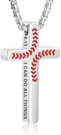 Baseball Bible Verse Cross Necklace for Boys Men Stainless Steel Cross Pendant Chain Graduation Christian Religious Sports Jewelry Gifts for Son Kids Teenage Teen