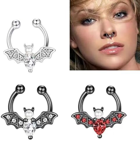 Bat Fake Septum Ring For Women Men CZ Non-Piercing Clip On Septum Rings 8mm Hoop Nose Rings Stainless Steel Body Jewelry
