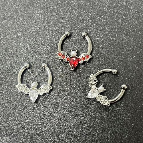 Bat Fake Septum Ring For Women Men CZ Non-Piercing Clip On Septum Rings 8mm Hoop Nose Rings Stainless Steel Body Jewelry