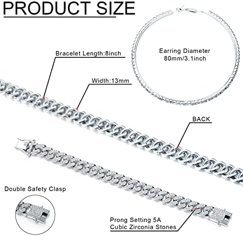 Batiyeer Link Chain Necklace Bracelet Rhinestone Earrings Bling Necklace Bracelet Crystal Big Circle Earring For Women(Silver 18 Inch)