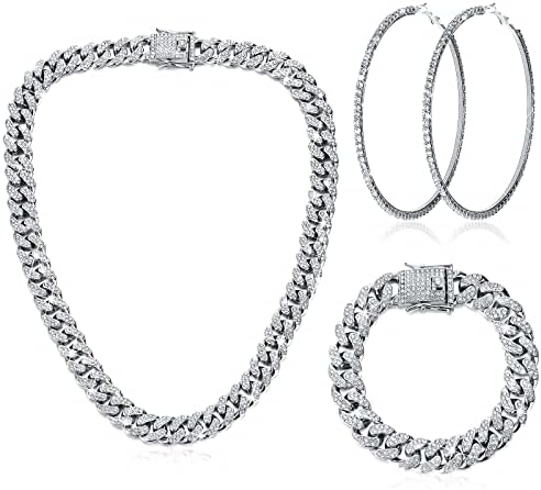 Batiyeer Link Chain Necklace Bracelet Rhinestone Earrings Bling Necklace Bracelet Crystal Big Circle Earring for Women(Silver 18 Inch)