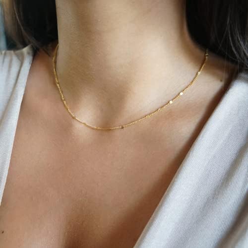 BERISO 14K Gold/Silver Plated Choker Necklace For Women Shining Dots Station Gold Chain Necklace Beads Sparkle Chain Necklace Link Chain Exquisite Jewelry For Women