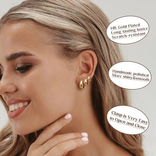 BESTEEL 3Pairs 14K Gold Plated Hoop Earrings Set For Women Chunky Earring Silver Plated Hypoallergenic Small Huggie Hoops Lightweight Tiny Thick Trendy Hoop Earrings Stacks For Multiple Piercing