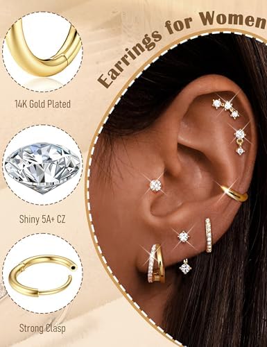 BESTEEL Small Stud Hoop Earrings For Women - 7 Pairs Hypoallergenic 14K Gold Plated Huggie Earring Sets For Multiple Piercing Dainty Earring Stacks Cute Cartilage Jewelry Trendy Gifts