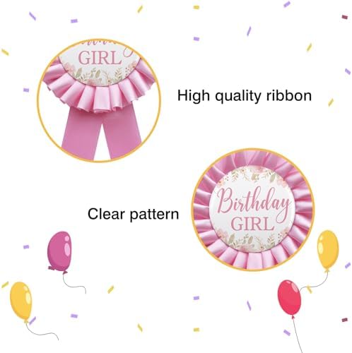 Birthday Girl Tinplate Badge Pin Happy Birthday Pink Leaves Pattern Pink Corsage Button For Women Girl Birthday Award Ribbon Party Decorations