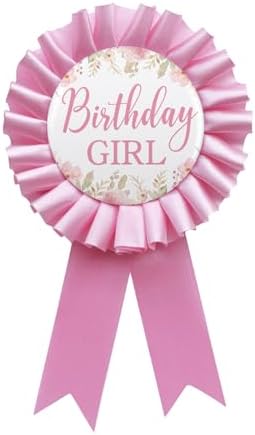 Birthday Girl Tinplate Badge Pin Happy Birthday Pink Leaves Pattern Pink Corsage Button for Women Girl Birthday Award Ribbon Party Decorations
