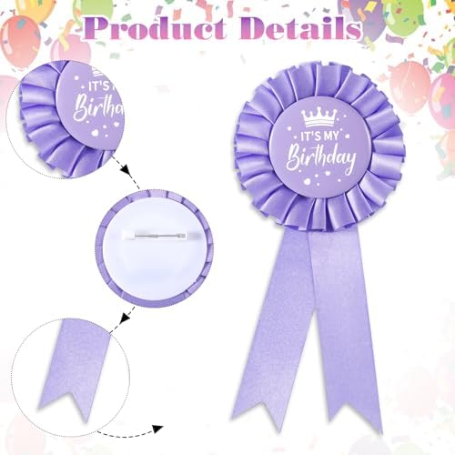 Birthday Ribbon Badge Brooch Purple Fabric Birthday Corsage Satin Tinplate Badge Pin For Girls Women Men Party Decorations Gifting Party Favors