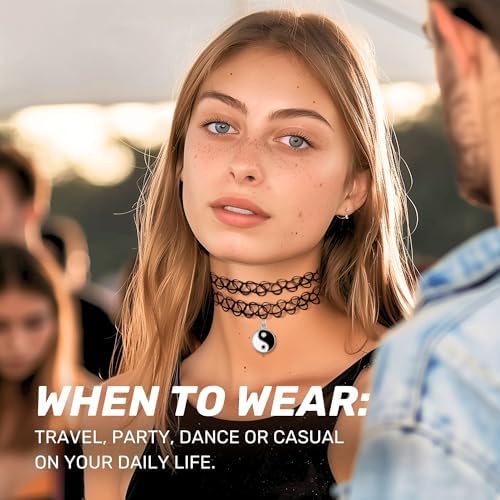 BodyJ4You 2PC Tattoo Choker Necklace - 90s Choker Necklace Women - 2000s Y2K Black Chokers Rainbow Choker - Butterfly Ying Yang Unicorn Rainbow Charms - Stretchy Elastic Necklace