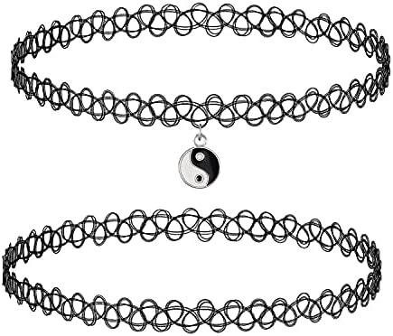 BodyJ4You 2PC Tattoo Choker Necklace - 90s Choker Necklace Women - 2000s Y2K Black Chokers Rainbow Choker - Butterfly Ying Yang Unicorn Rainbow Charms - Stretchy Elastic Necklace