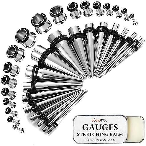 BodyJ4You 37PC Ear Stretching Kit - Beginner Gauges 14G-00G Starter Set - Aftercare Balm Wax - Steel Tapers Single Flare Plugs Screw Fit Tunnels - Women Eyelet Mens Earrings Expander Piercing Jewelry