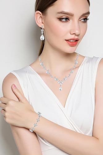 Bridal Wedding Elegant Floral Jewelry Set For Women/Brides/Bridesmaids Crystal Jewelry Set For Wedding Prom Party Bridal Crystal Necklace Earrings Bracelet Set