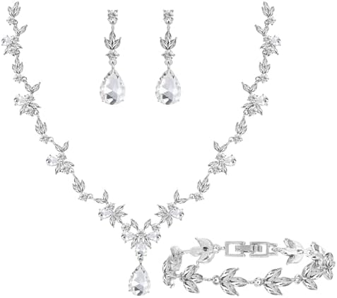 Bridal Wedding Elegant Floral Jewelry Set for Women/Brides/Bridesmaids Crystal Jewelry Set for Wedding Prom Party Bridal Crystal Necklace Earrings Bracelet Set
