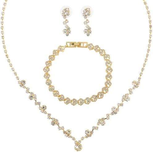 Bridal Wedding Jewelry Set Rhinestone Include Necklace Earrings Bracelet Brides Bridesmaid Prom Costume for Women
