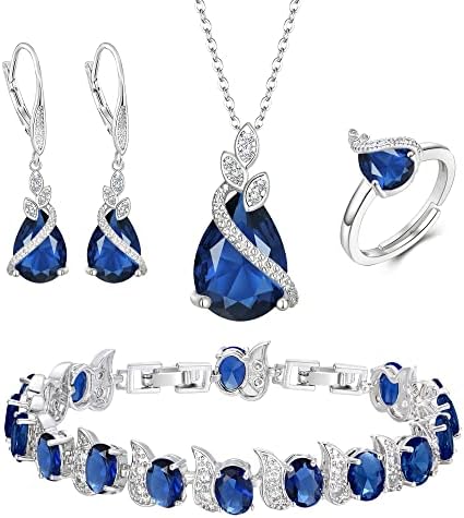 BriLove Jewelry Set for Bride Sparkling Water Drop Cubic Zirconia Crystal Pendant Necklace Leverback Earrings Tennis Bracelet Adjustable Ring Gift for Wedding/Birthday/Mother's Day/Christmas