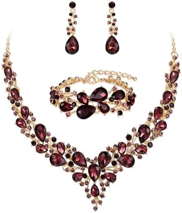 BriLove Wedding Bridal Jewelery for Women Austrian Crystal Teardrop Cluster Statement Necklace Dangle Earrings Link Bracelet Set