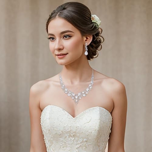 BriLove Women's Wedding Bridal Austrian Crystal Teardrop Cluster Statement Necklace Dangle Earrings Jewelry Set