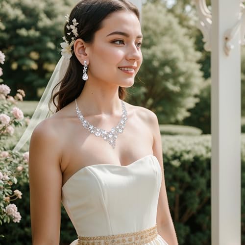 BriLove Women's Wedding Bridal Austrian Crystal Teardrop Cluster Statement Necklace Dangle Earrings Jewelry Set