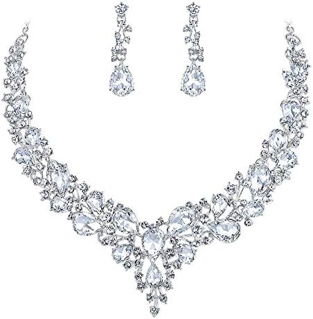 BriLove Women's Wedding Bridal Austrian Crystal Teardrop Cluster Statement Necklace Dangle Earrings Jewelry Set